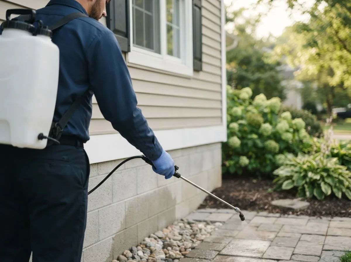 Pest control technician inspecting a home in Churchville, VA